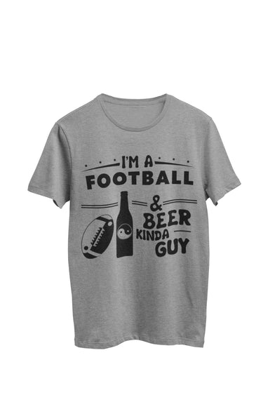 Gray Heather Unisex T-shirt with the text: 'I'm a football and beer kinda guy' The design includes an image of a beer bottle with a yin yang symbol and a yin yang football, created by WooHoo Apparel.
